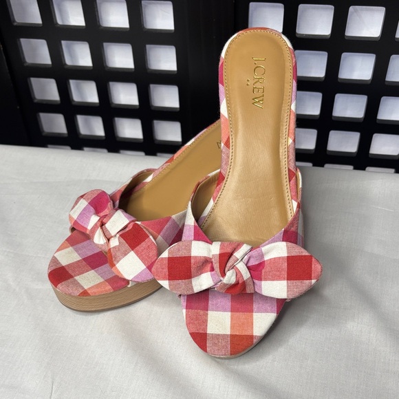 J. Crew Factory Shoes - ❤️ J. Crew Factory Red & Pink Plaid Gingham Bow Sandals 8 NWOT ❤️